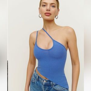 REFORMATION BLUE OCEANE TANK ASYMMETRICAL ONE SHOULDER TOP